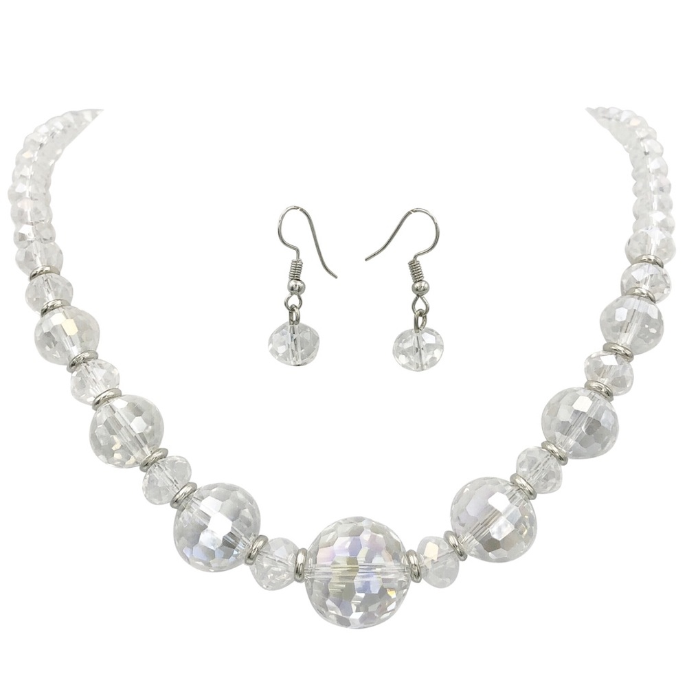 Beveled Clear Glass Beaded Necklace & Earrings Set